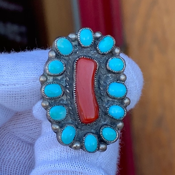 Giant Native American Turquoise and Coral ring
